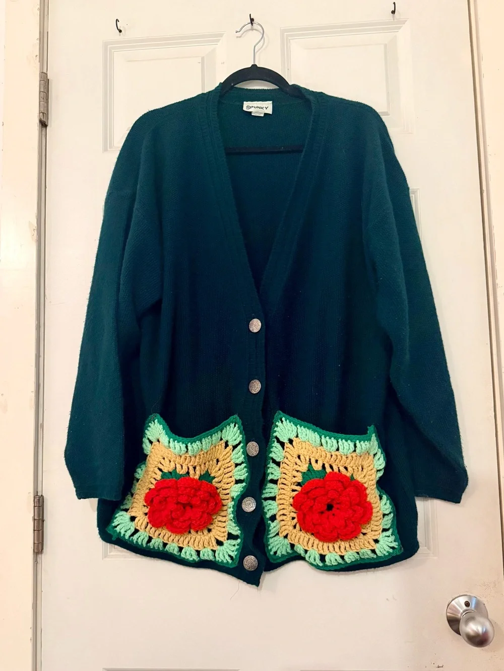 Upcycled Vintage Spunky Brand Oversized Cardigan Sweater Granny Square Pocket